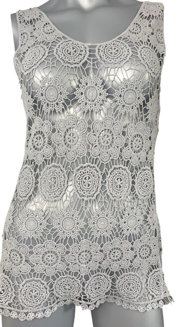 Solitaire Gray Crochet Women’s Top Tank See Through Small Boho Hippy Festival - Picture 1 of 8